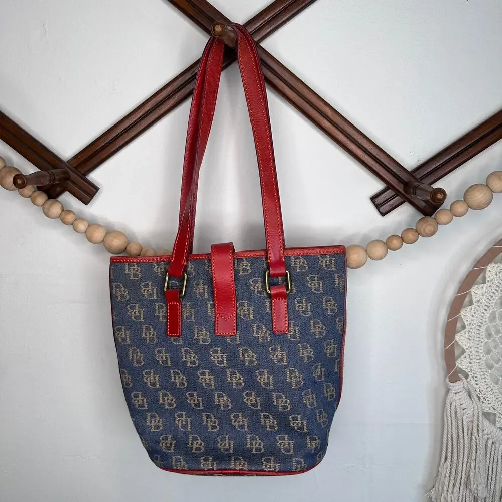 Dooney & Bourke Navy Blue Denim Push Lock Bucket Bag